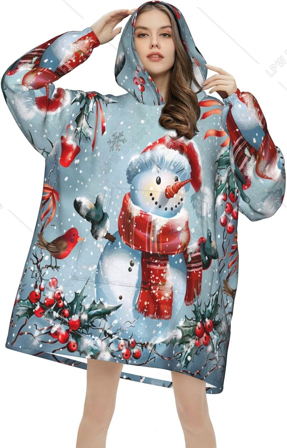 Sherpa Hoodie Fleece - Christmas Snowman Wearable Blanket Hoodie Winter